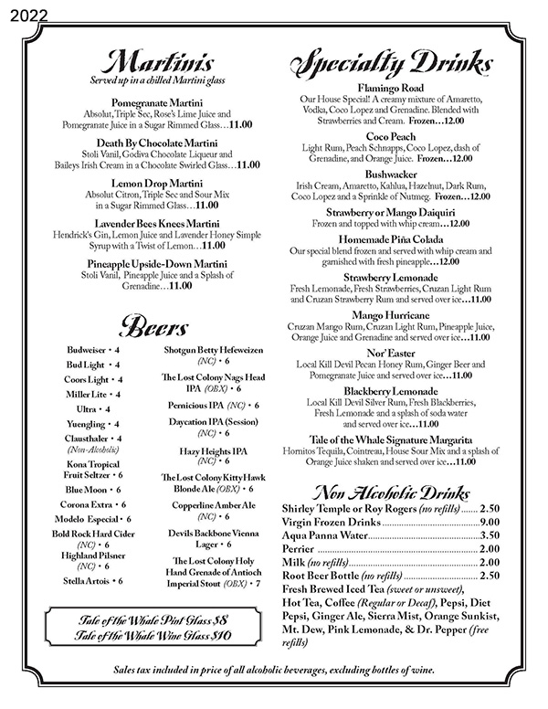 Menu & Specials | Tale of the Whale Restaurant