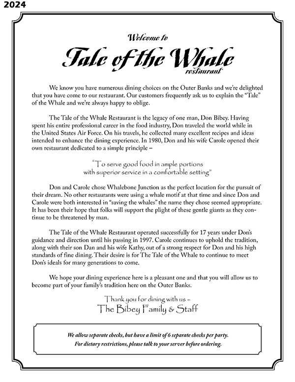 Tale of the Whale Restaurant - Outer Banks NC - 2024 Menu Page 1