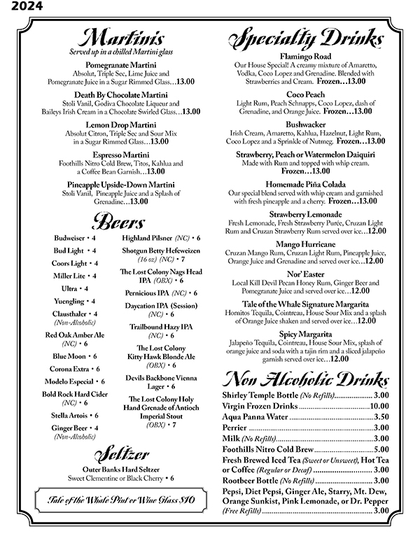 Tale of the Whale Restaurant - Outer Banks NC - 2024 Menu Page 2