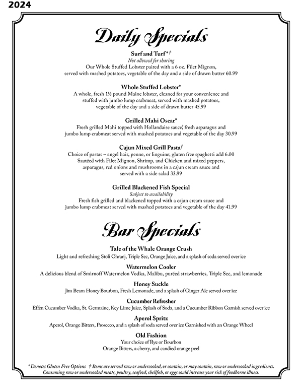 Tale of the Whale Restaurant - Outer Banks NC - 2024 Menu Page 3