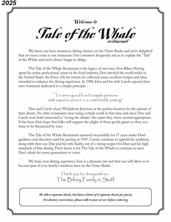 Tale of the Whale Restaurant - Outer Banks NC - 2024 Menu Page 1
