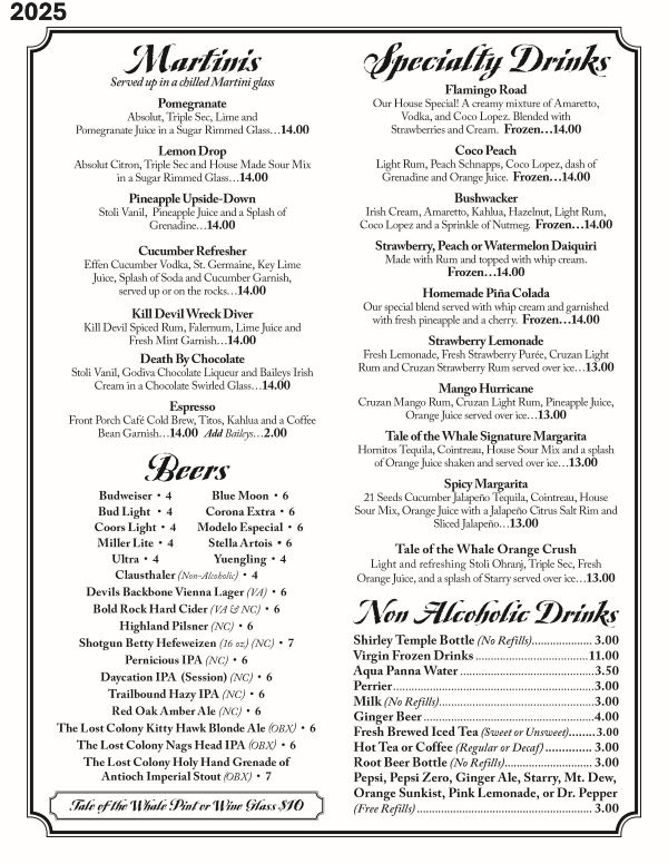 Tale of the Whale Restaurant - Outer Banks NC - 2025 Menu Page 2