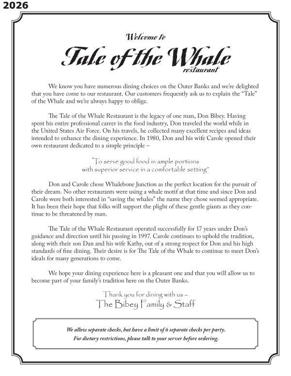 Tale of the Whale Restaurant - Outer Banks NC - 2025 Menu Page 1 Tale of the Whale Restaurant - Outer Banks NC - 2026 Menu Page 1