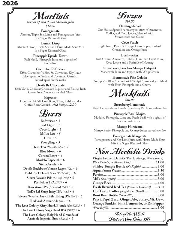 Tale of the Whale Restaurant - Outer Banks NC - 2025 Menu Page 2 Tale of the Whale Restaurant - Outer Banks NC - 2026 Menu Page 2