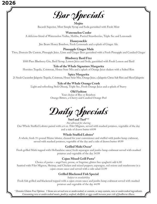 Tale of the Whale Restaurant - Outer Banks NC - 2025 Menu Page 3 Tale of the Whale Restaurant - Outer Banks NC - 2026 Menu Page 3