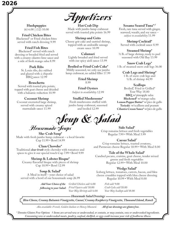 Tale of the Whale Restaurant - Outer Banks NC - 2025 Menu Page 4 Tale of the Whale Restaurant - Outer Banks NC - 2026 Menu Page 4